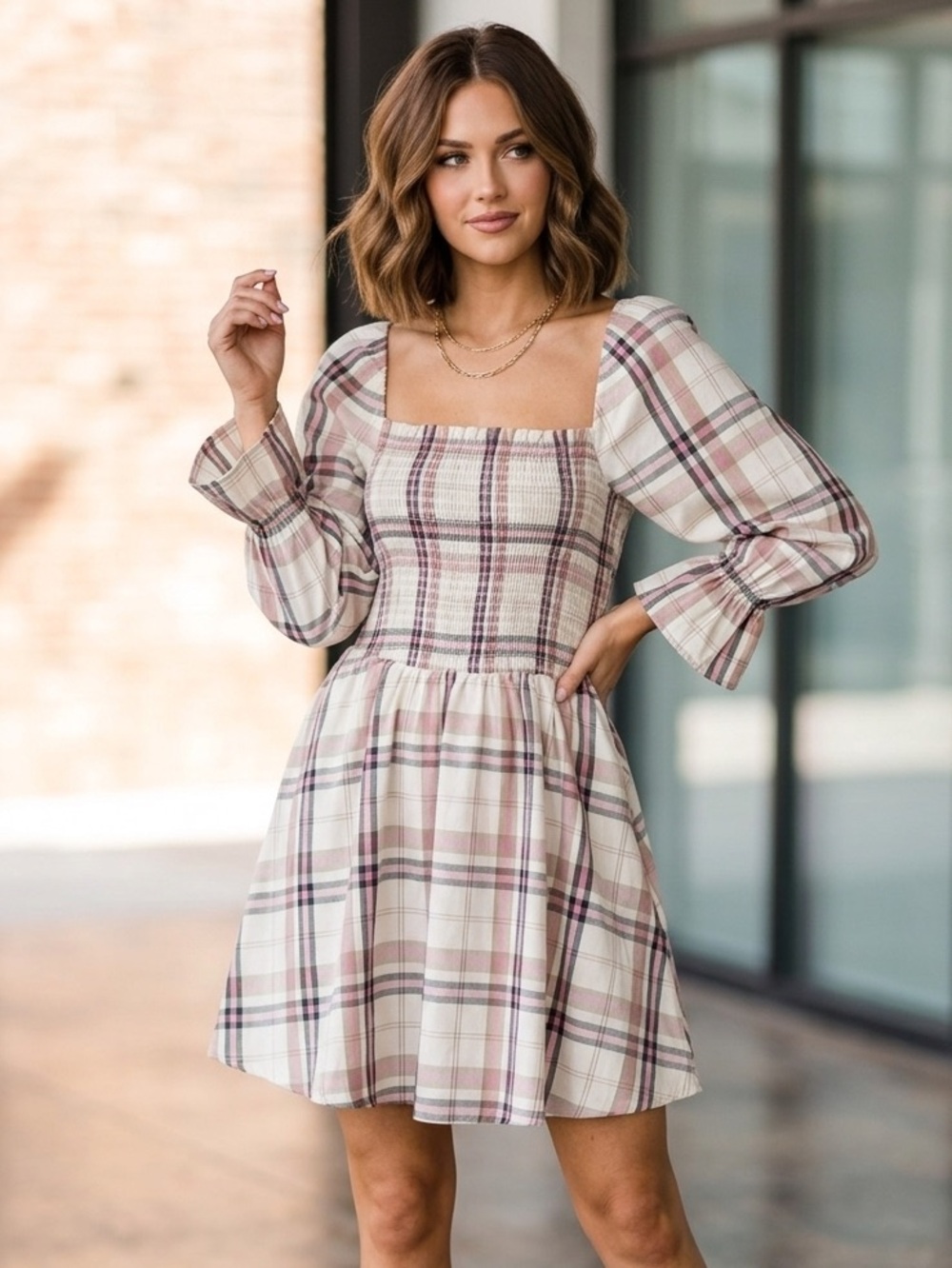 Audrey Parks Plaid Square-Neck Puff Sleeves Mini Dress in Soft Pink Size‎ XL